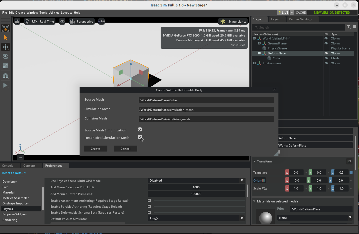 Create Volume Deformable Body dialog