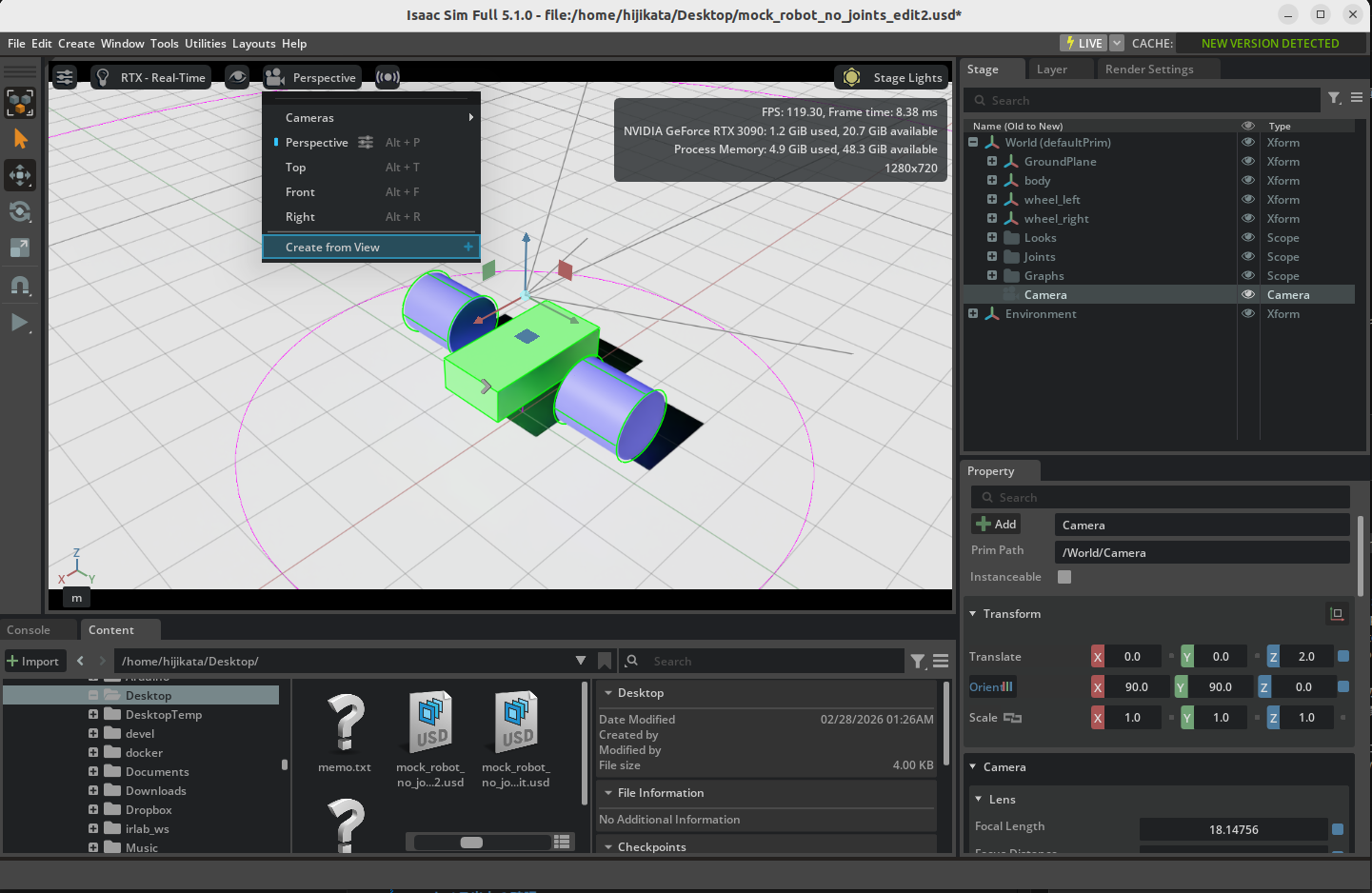 Creating a camera from the current view