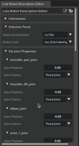 Lula Robot Description Editor window